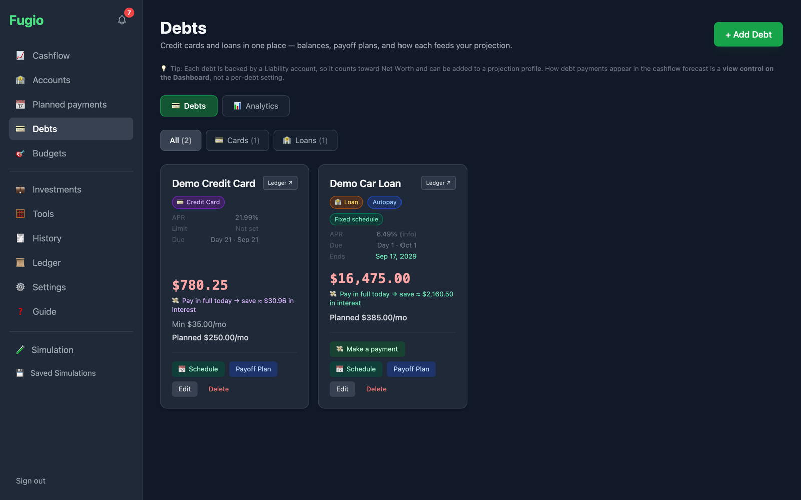 Fugio Debts view with loan and credit card balances and payoff plans